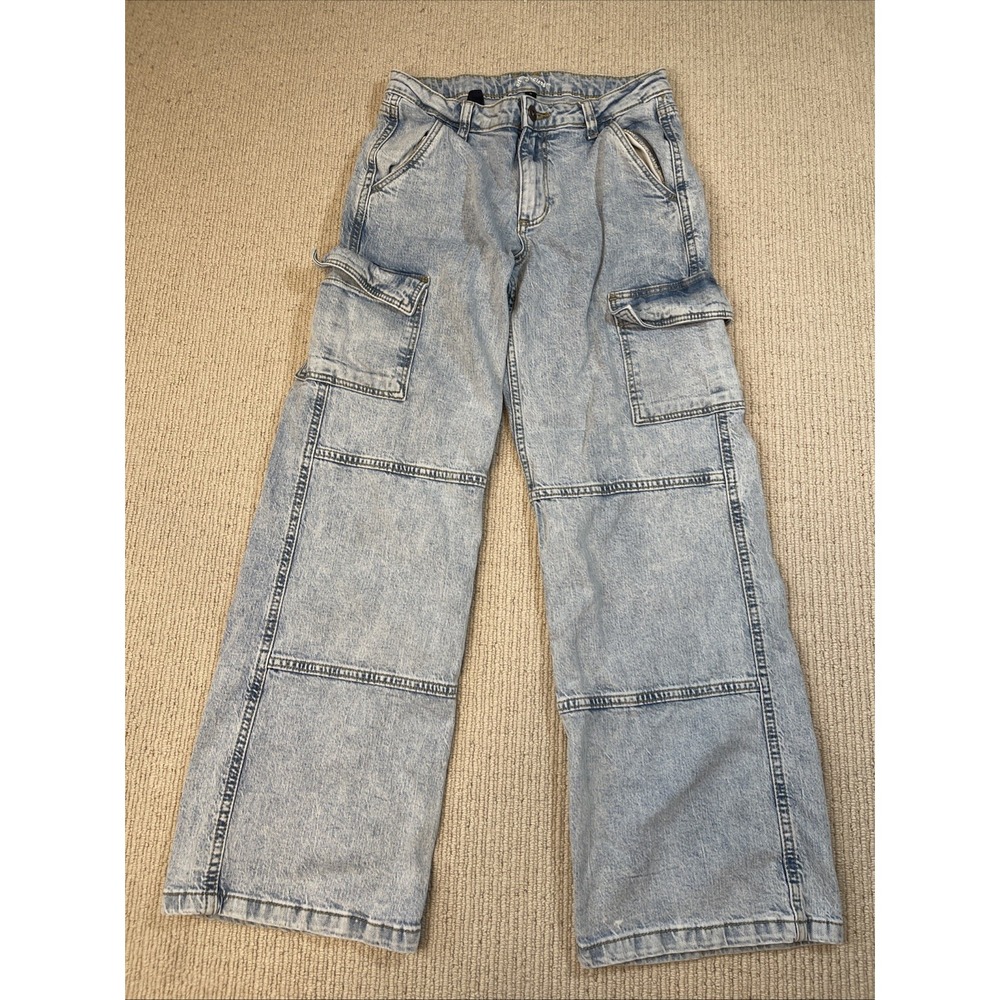 Art Class Girl's 14 Mid-Rise Wide Leg Cargo Jeans Light Wash Adjustable Waist